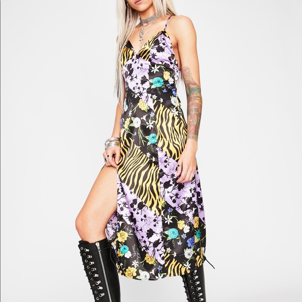 Floral Print Satin Midi Dress with Slit